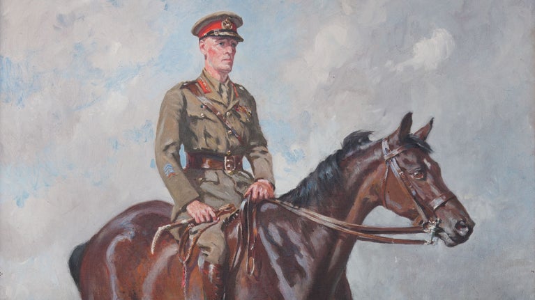 Painting of General Jack Seely in his army uniform on his dark brown Horse, 'Warrior' by Gilbert Joseph Holiday